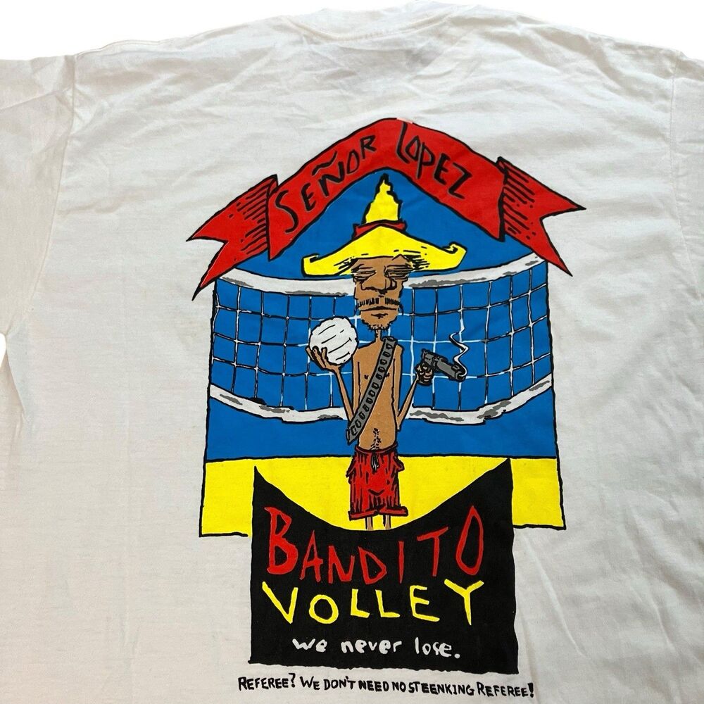 VTG Senor Lopez T-Shirt‎ Mens L White Novelty Bandito Volleyball Beach Vacation